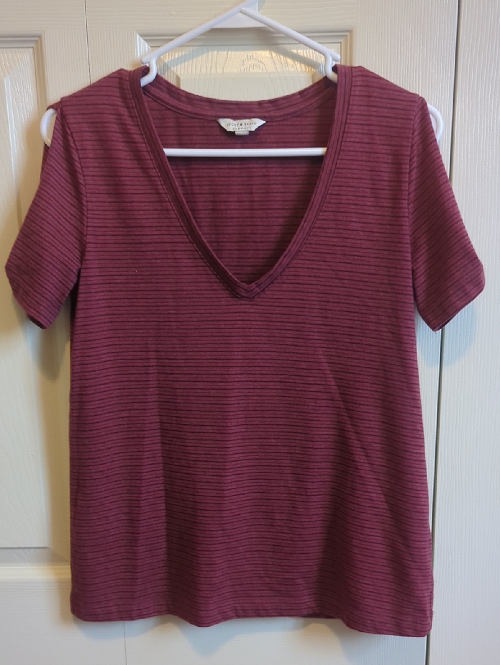Lucky Brand Burgundy Striped V-Neck Short Sleeve Tee/Cotton Blend